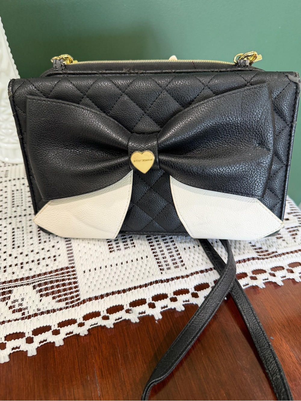 Betsey Johnson Black & White Quilted Bow Crossbody